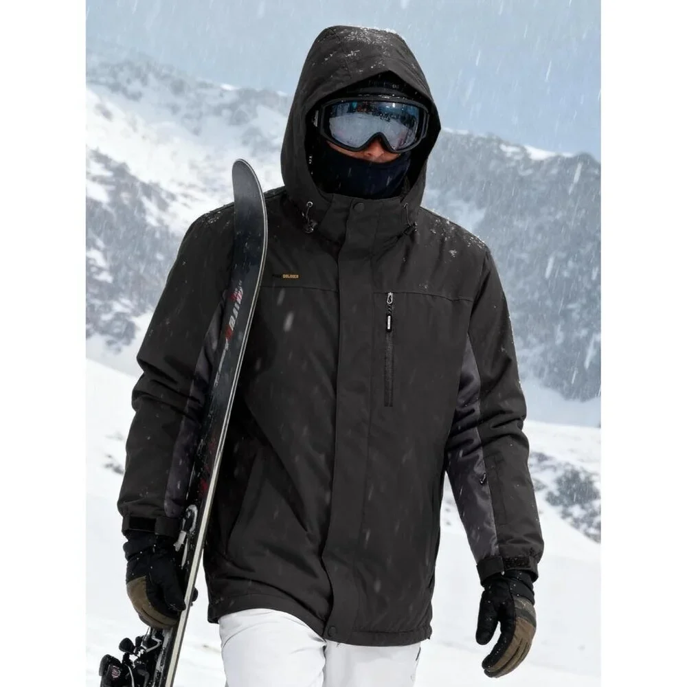 Men's Black Gray Waterproof Ski Snow Jacket Fleece Lined Warm Winter Rain Jacket